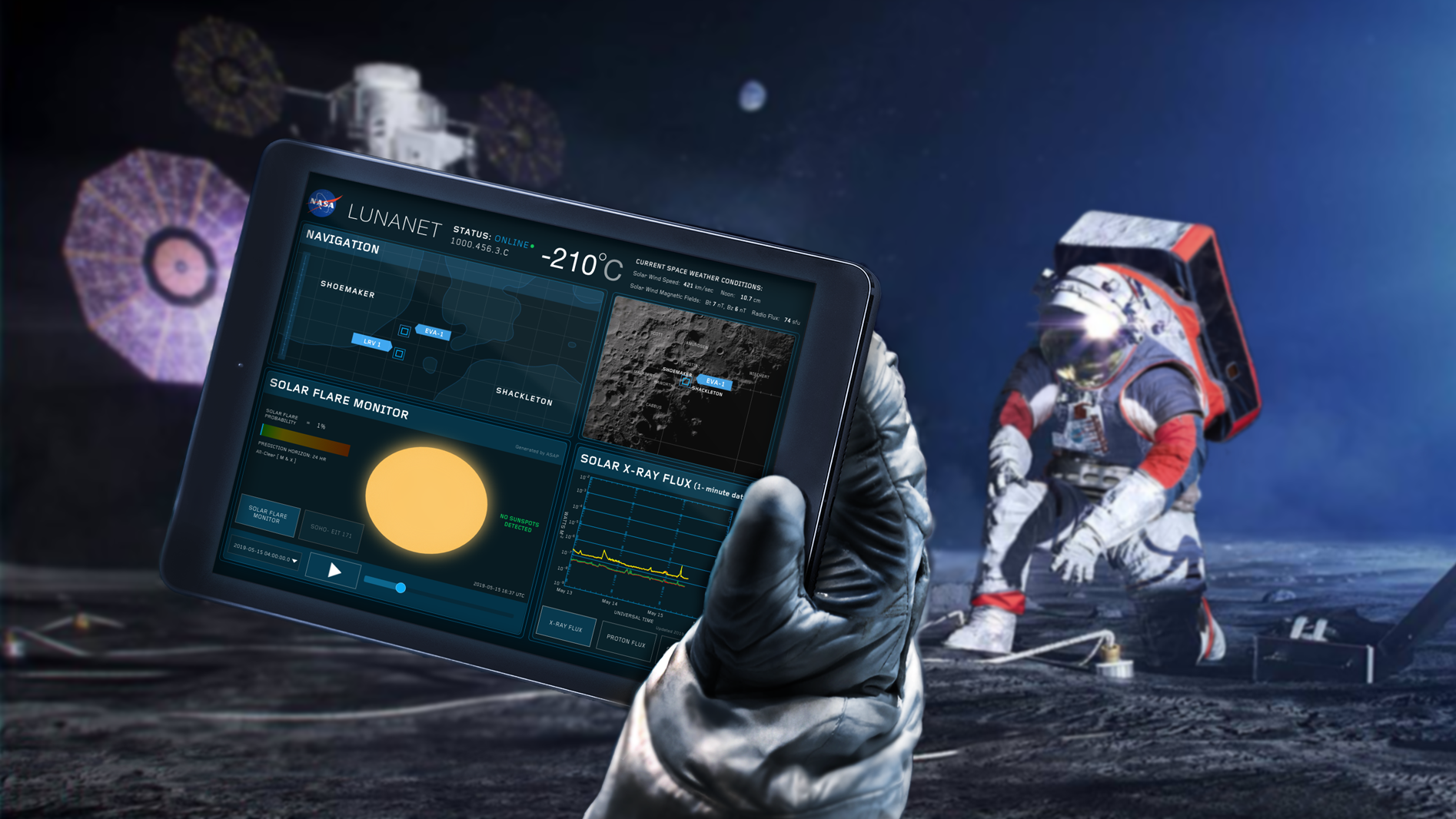 Astronaut using tablet on the Moon